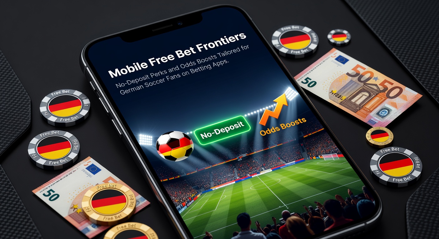 Smartphone mit Wett-App und Bundesliga-Match im Hintergrund, das No-Deposit-Free-Bets und Quoten-Boosts für Fans hervorhebt