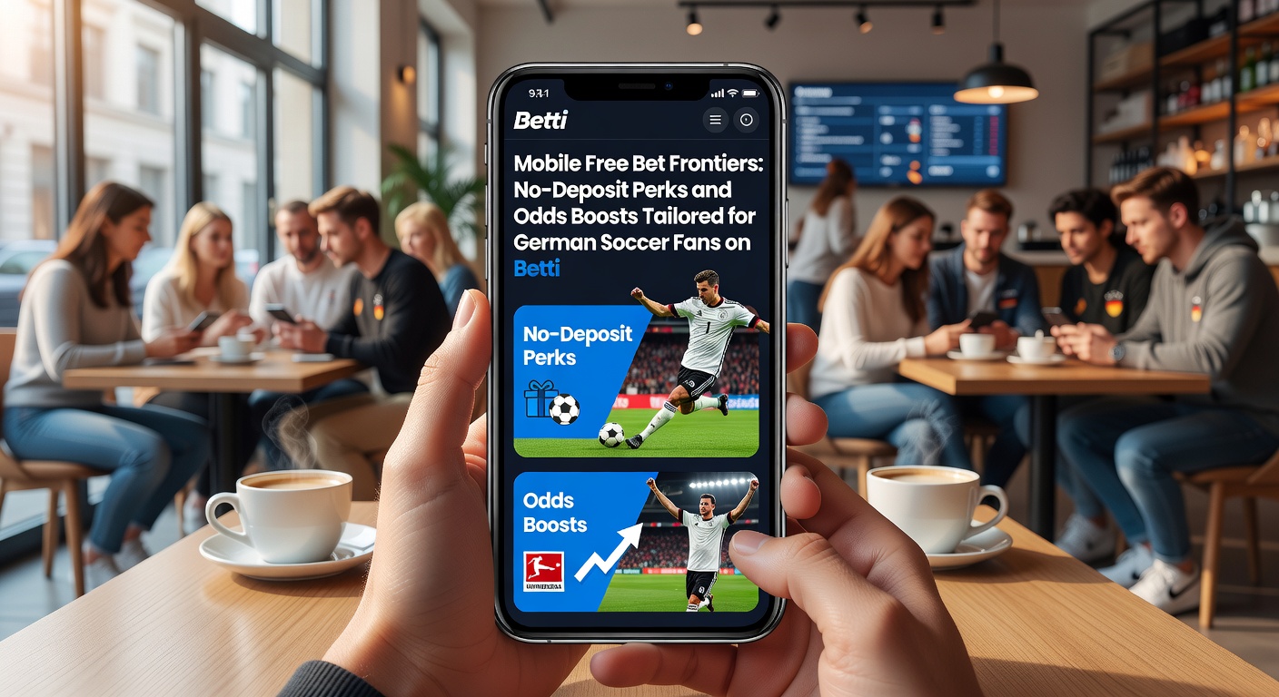 Deutscher Fan mit Handy in der Hand, der Quoten-Boost in einer Wett-App für ein Bundesliga-Spiel aktiviert, mit Grafiken von Free Bets